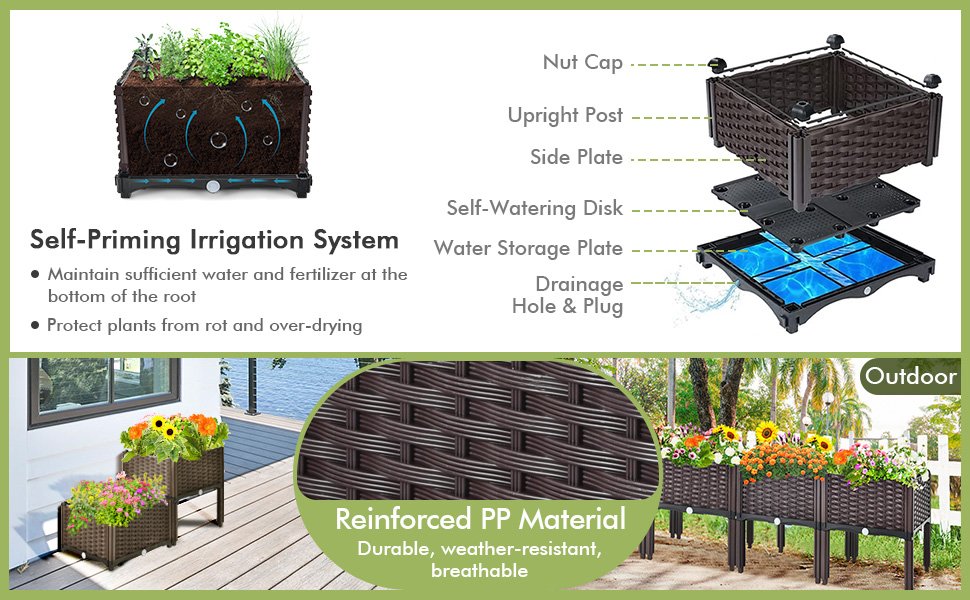 2 Set Elevated Plastic Raised Garden Bed Planter Kit for Flower Vegetable Grow