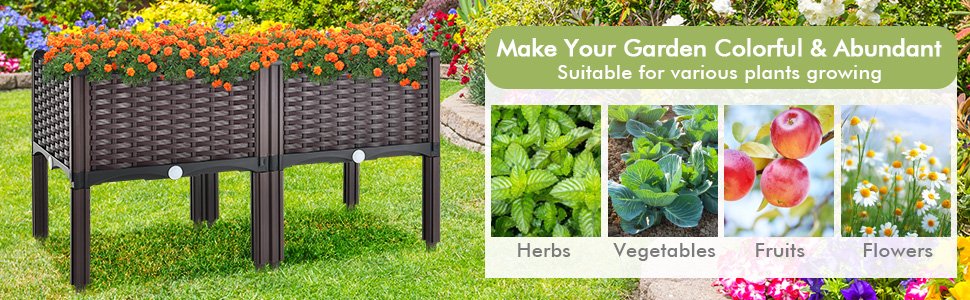 2 Set Elevated Plastic Raised Garden Bed Planter Kit for Flower Vegetable Grow