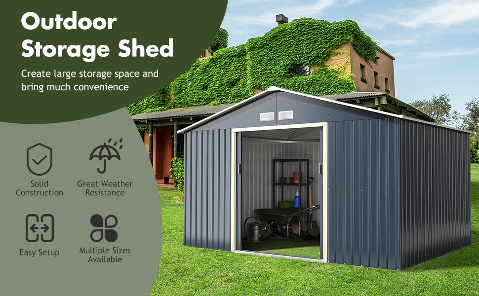11 x 8 Feet Metal Storage Shed for Garden and Tools with 2 Lockable Sliding Doors