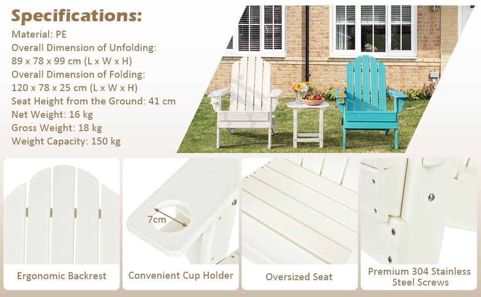 Patio Folding Adirondack Chair with Built-in Cup Holder