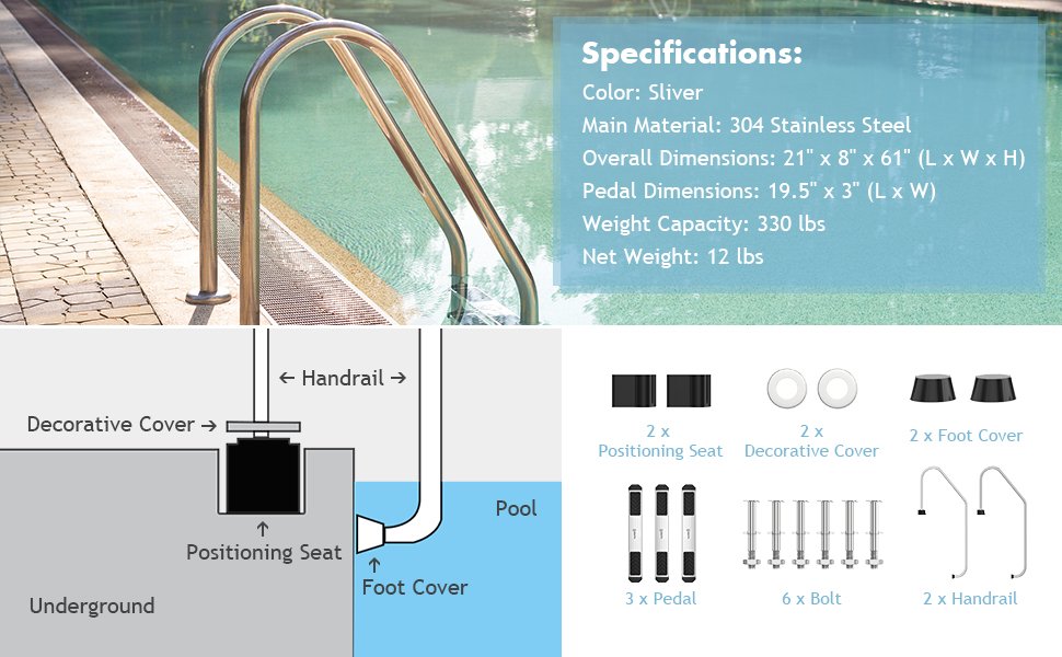 3 Step Stainless Steel Swimming Pool Ladder Handrail for Pool