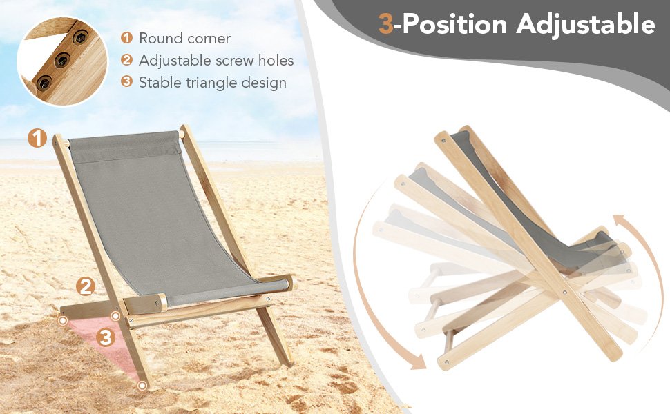 3-Position Adjustable and Foldable Wood Beach Sling Chair with Free Cushion