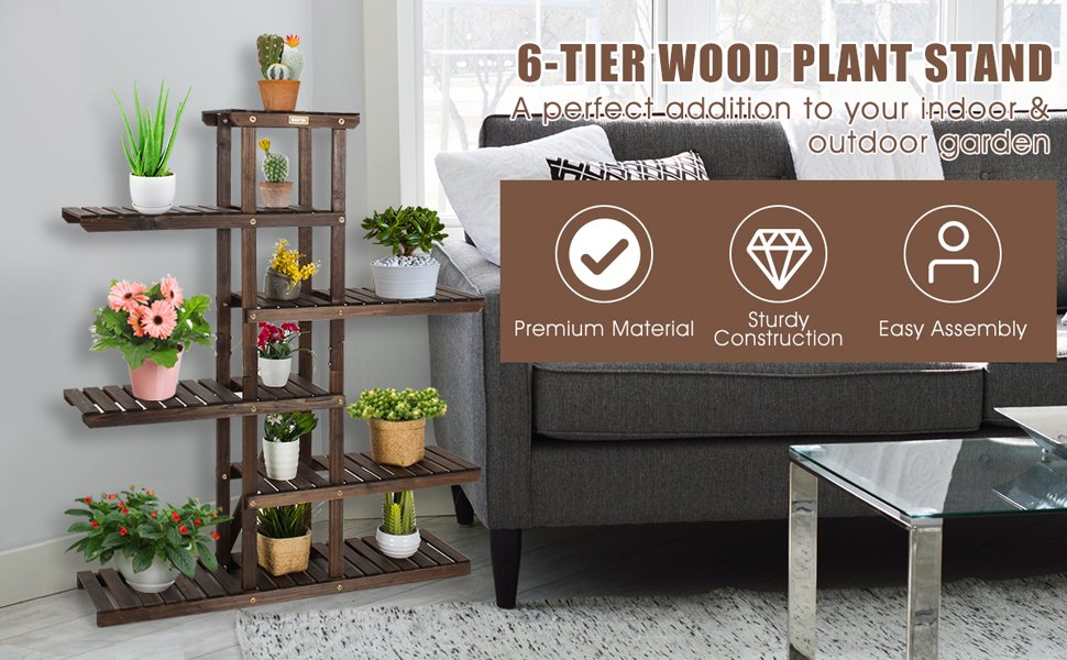 6 Tier Wood Plant Stand with Vertical Shelf Flower Display Rack Holder