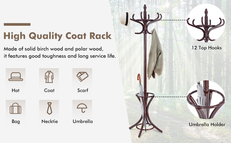 Wood Standing Hat Coat Rack with Umbrella Stand