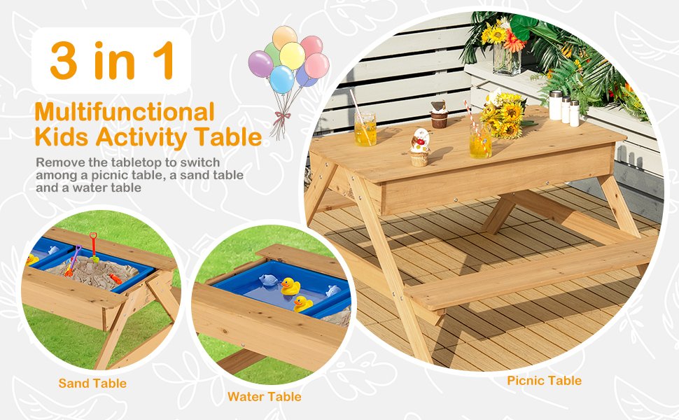 3-in-1 Kids Picnic Table Wooden Outdoor Water Sand Table with Play Boxes