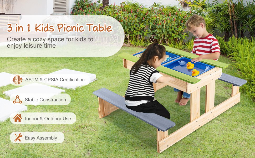 3-in-1 Outdoor Wooden Kids Water Sand Table with Play Boxes