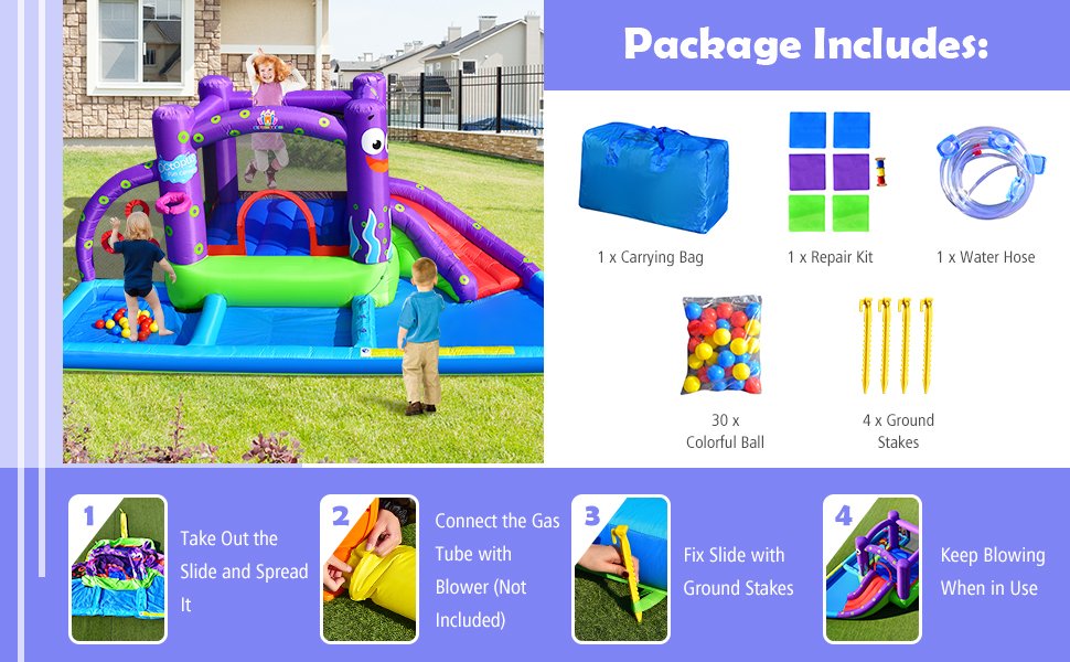Inflatable Water Slide Park with Splash Pool and 750W Blower