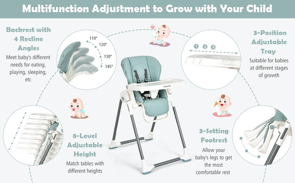 Foldable Baby High Chair with Double Removable Trays and Book Holder