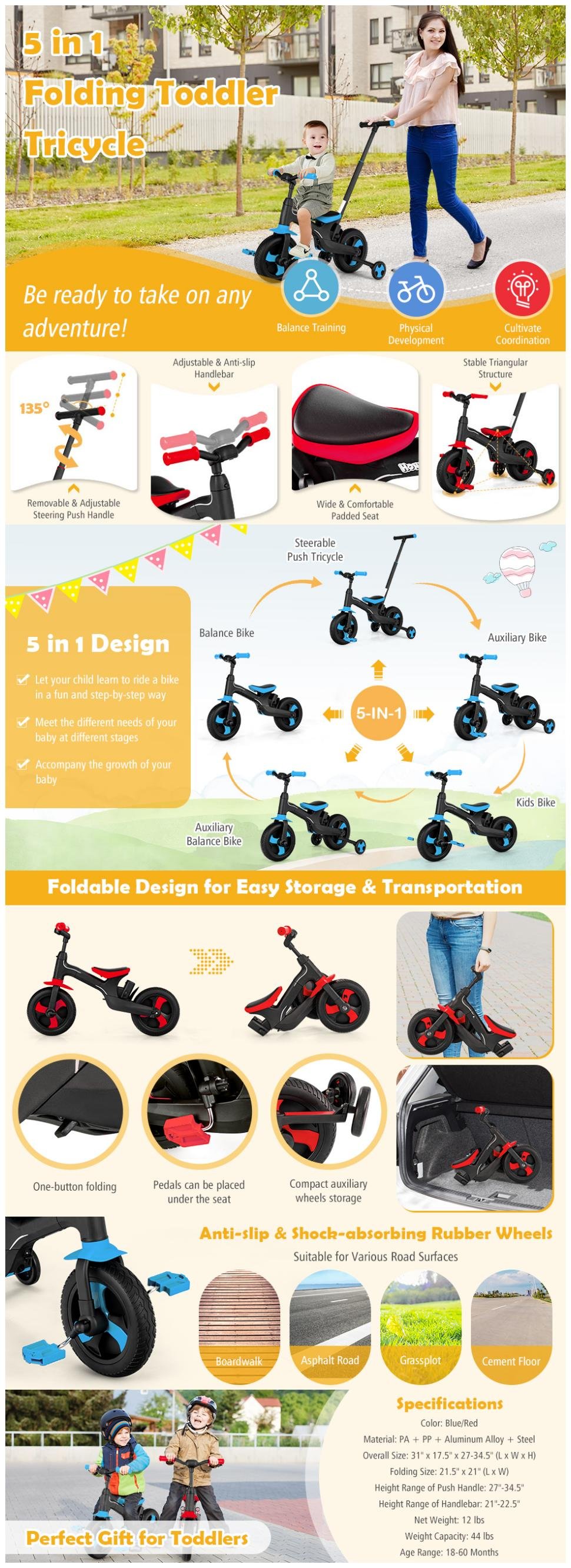 5-in-1 Multifunctional Kids Bike with Detachable Push Handle