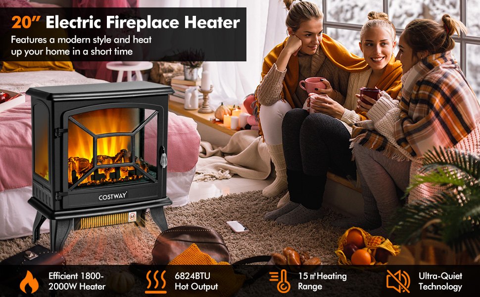 20 Inch 1400 W Freestanding Electric Fireplace with Realistic Flame