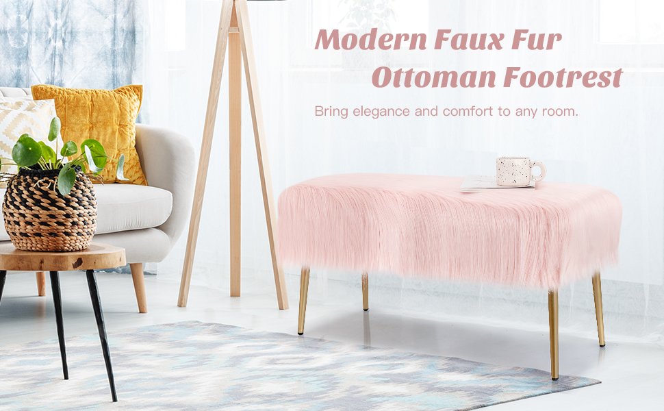 Modern Faux Fur Ottoman Bench with Golden Legs