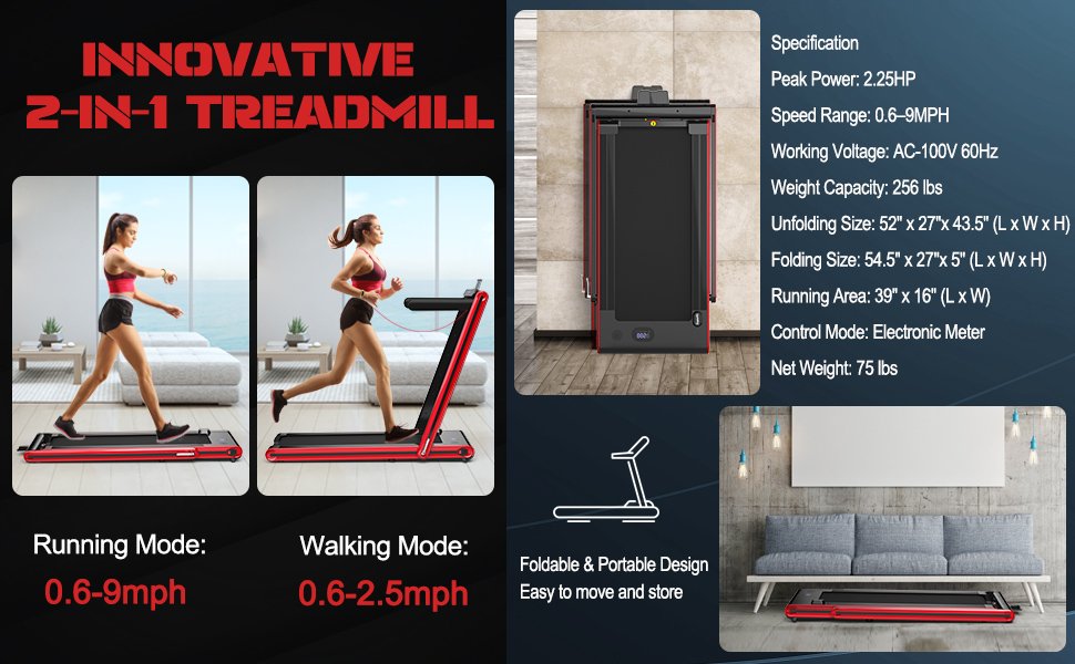 2-in-1 Folding Treadmill 2.25HP Jogging Machine with Dual LED Display
