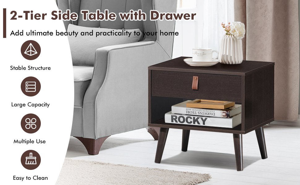 Nightstand Bedroom Table with Drawer Storage Shelf