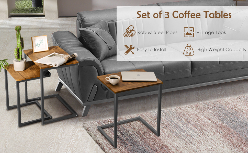 3 Piece Multifunctional Coffee End Table Set