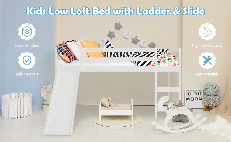 Twin Size Low Sturdy Loft Bed with Slide Wood 
