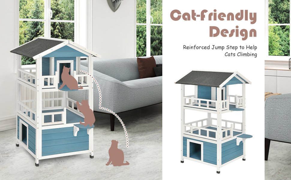 2-Story Outdoor Wooden Catio Cat House Shelter with Enclosure