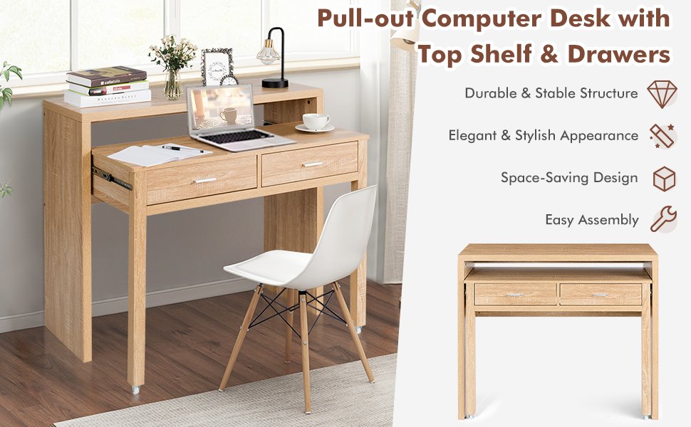 Extendable Computer Desk with Pull Out Secondary Desk