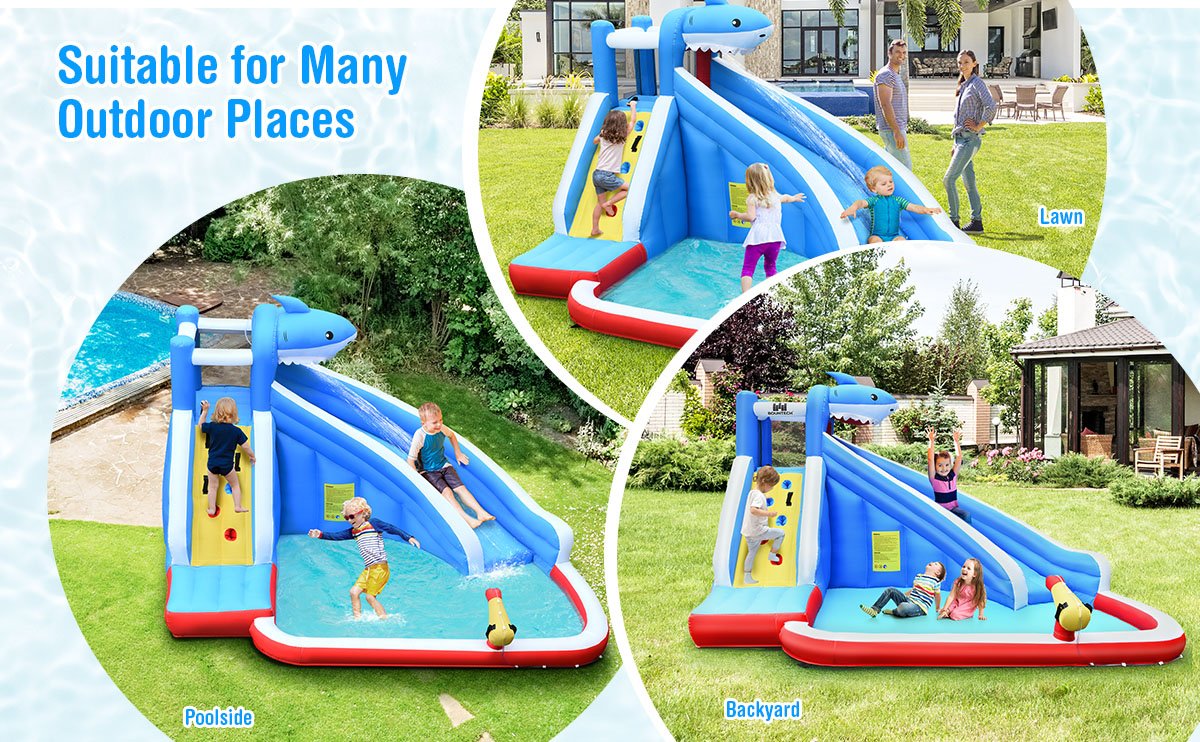 4-in-1 Inflatable Water Slide Park with Long Slide and 735W Blower