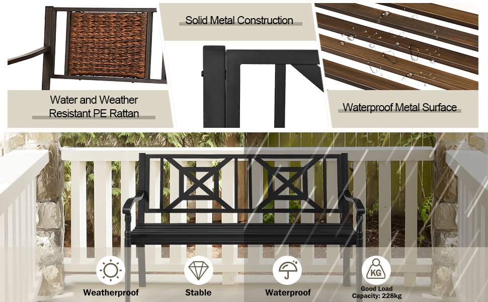 Outdoor Porch Furniture Patio Garden Bench Steel Frame Rattan