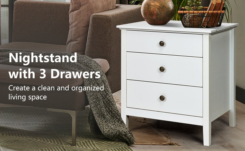 Nightstand Beside End Side Table Organizer with 3 Drawers