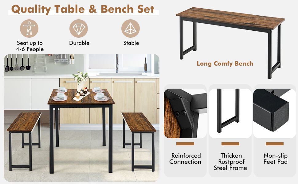 3 Pieces Modern Dining Table Bench Set with Wooden Tabletop and Metal Frame