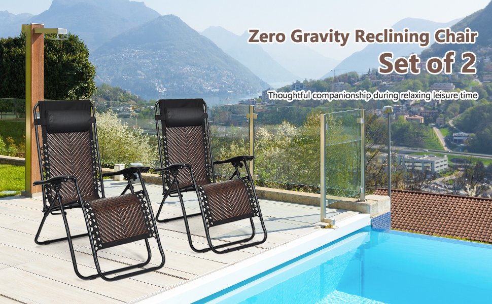 Folding Rattan Zero Gravity Lounge Chair with Removable Head Pillow