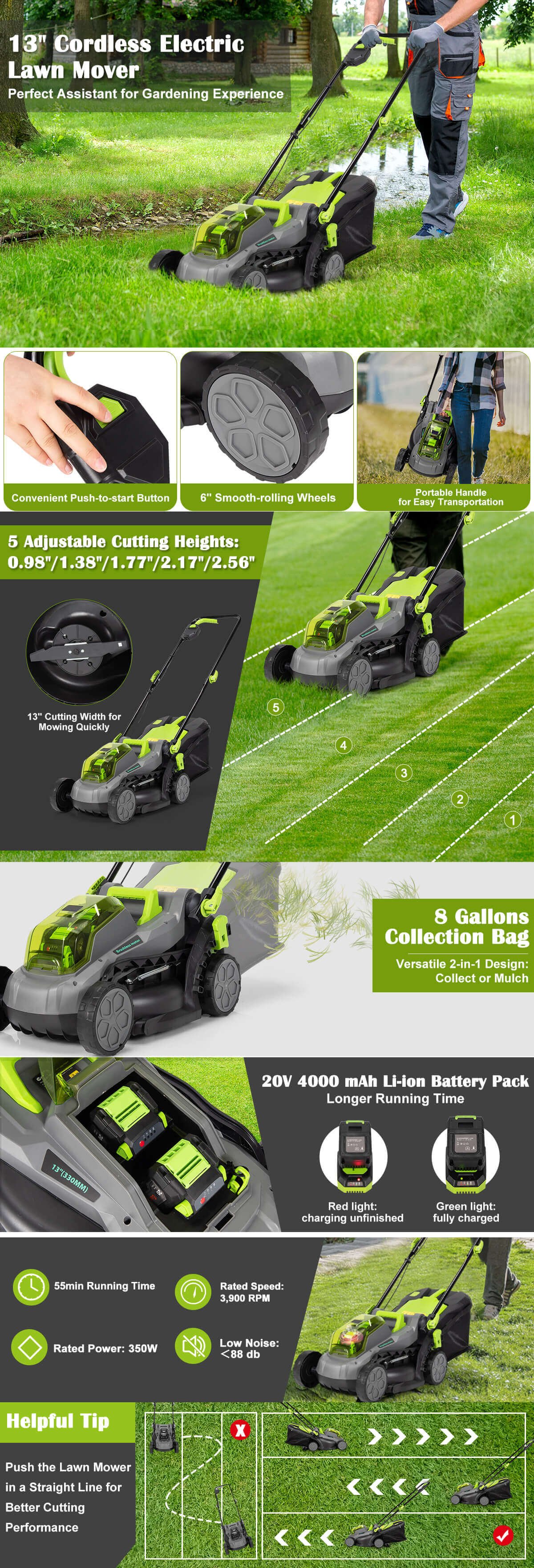 13 Inch Cordless Lawn Mower with 4Ah Battery and Charger