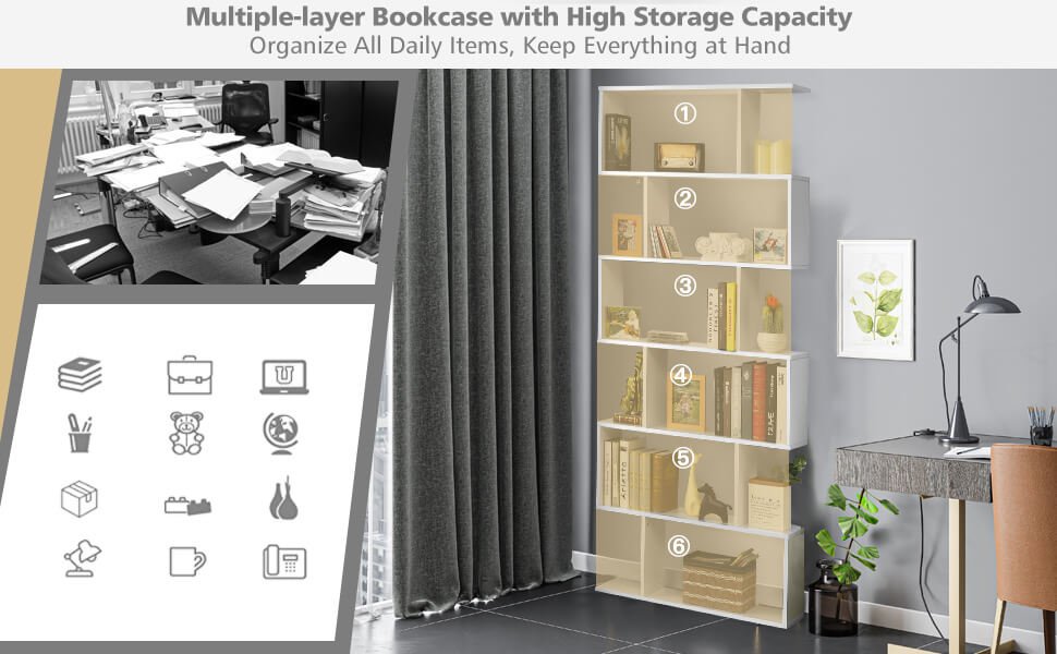 6 Tier S-Shaped Bookshelf Storage Display Bookcase Decor Z-Shelf -Coffee