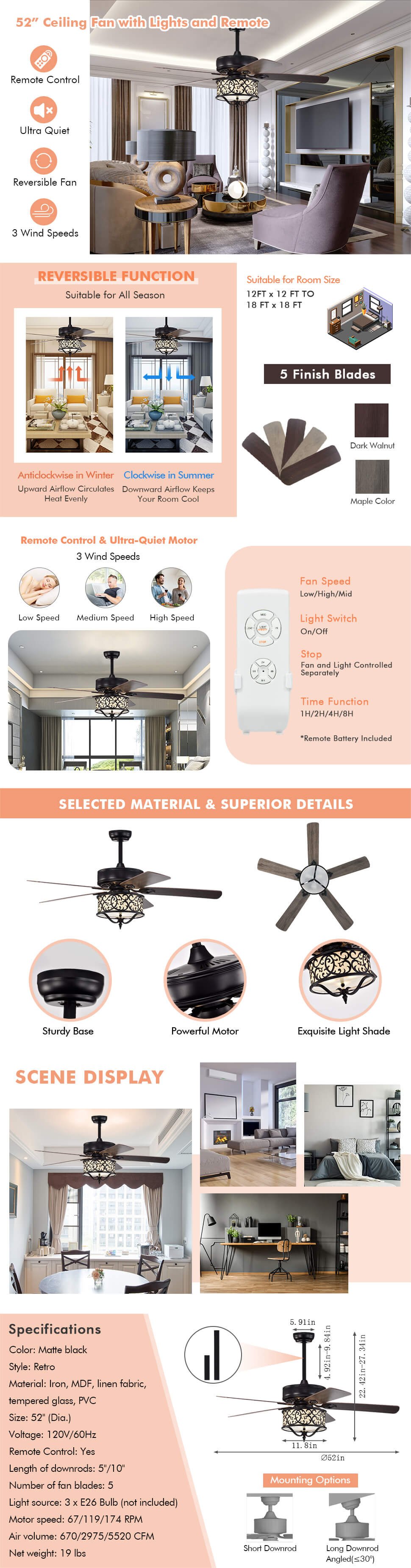 52 Inches Light Retro Ceiling Fan with Reversible Blades
