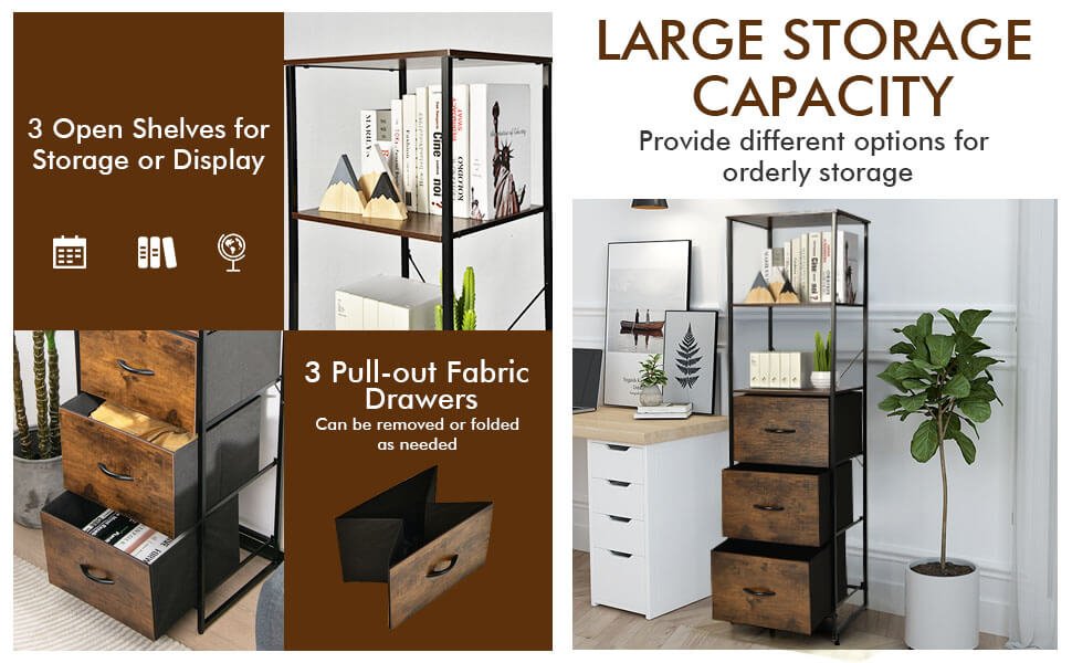 Freestanding Vertical 3 Drawer Dresser with 3 Shelves