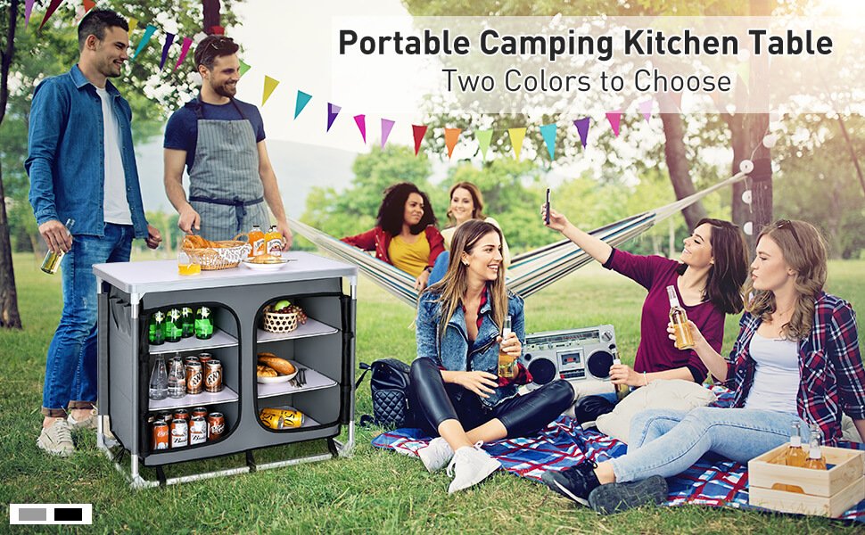 Portable Camping Kitchen Table with Storage Shelves
