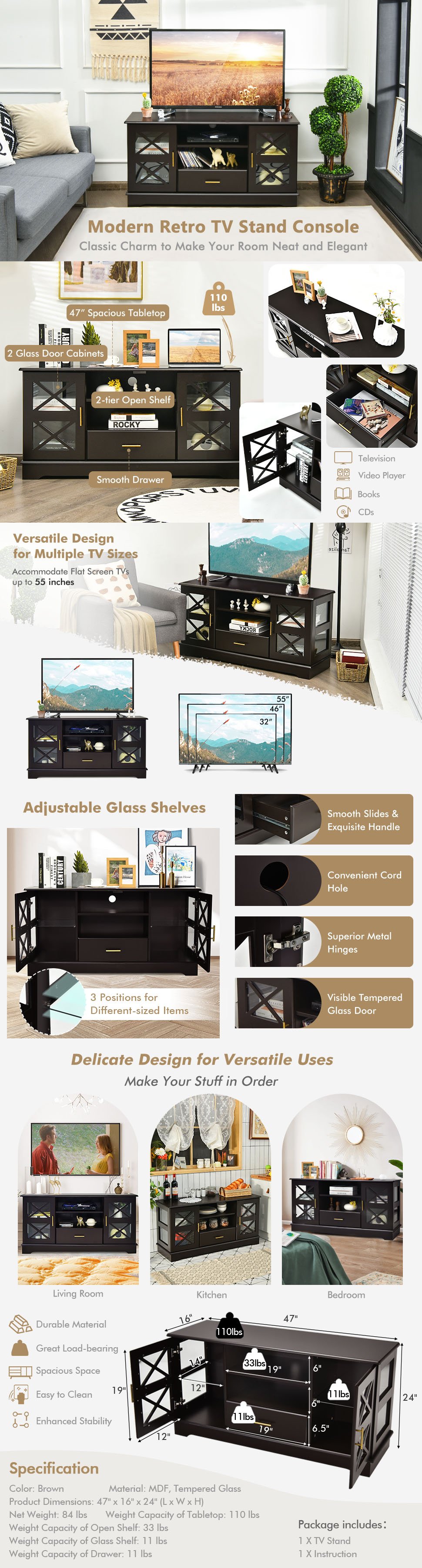 Glass Door TV Stand with Drawer Storage Shelves