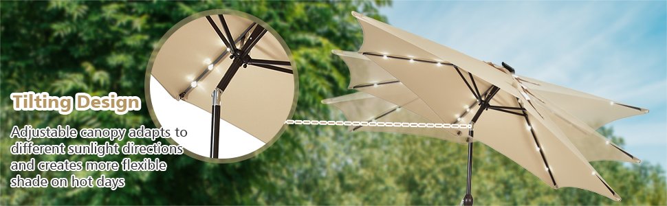 9 Feet Solar LED Lighted Patio Market Umbrella Tilt Adjustment Crank Lift
