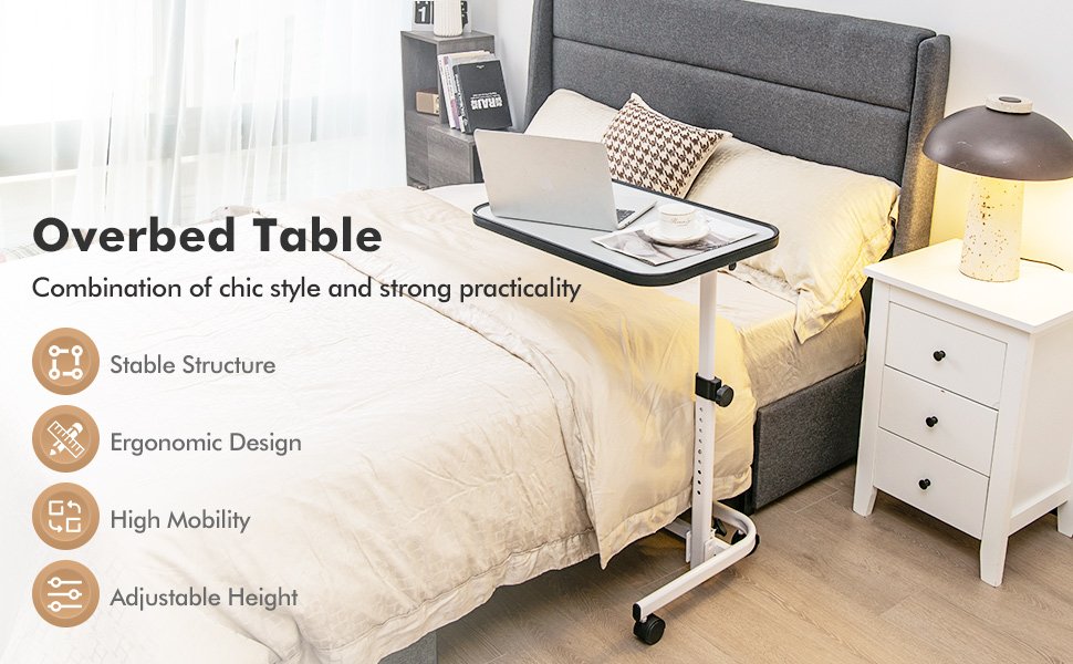 Adjustable Overbed Bedside Table with Universal Wheels