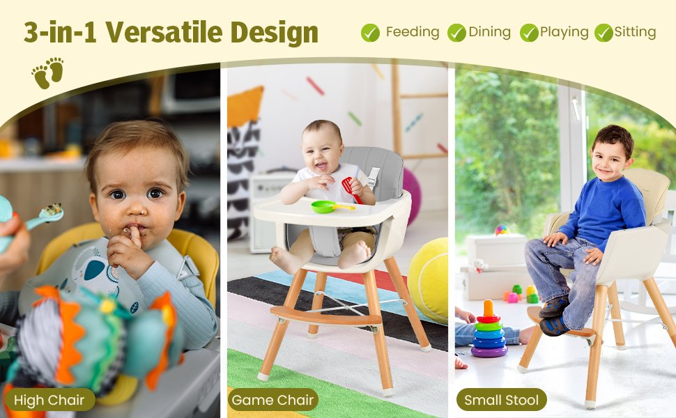 3 in 1 Convertible Wooden High Chair with Cushion