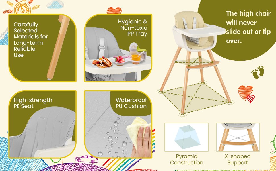 3 in 1 Convertible Wooden High Chair with Cushion