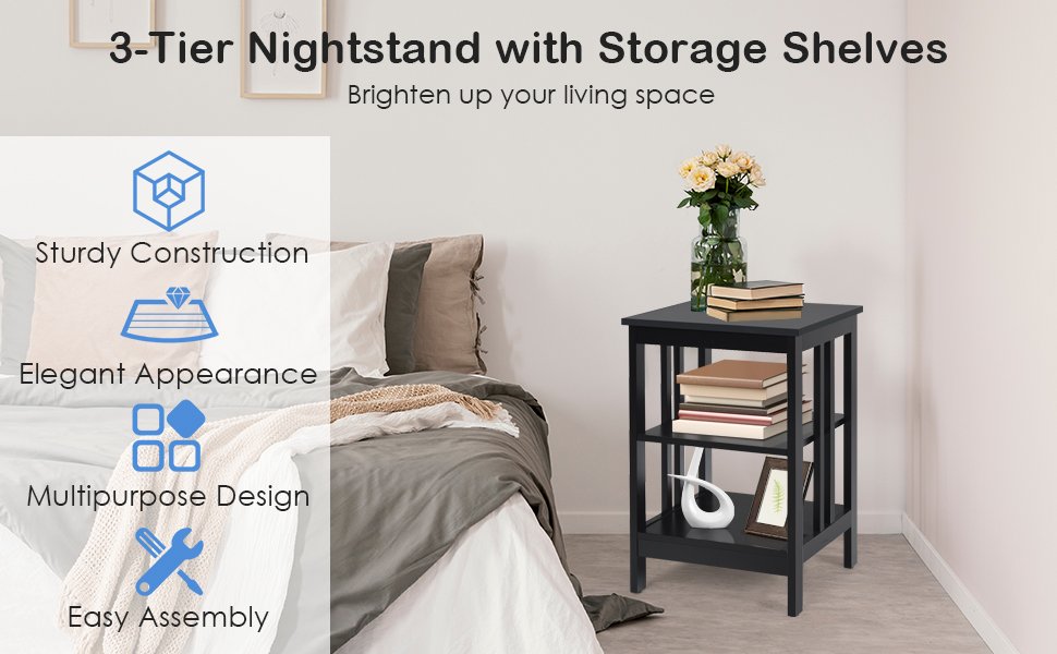 3-Tier Side Table End Table Nightstand with Stable Structure