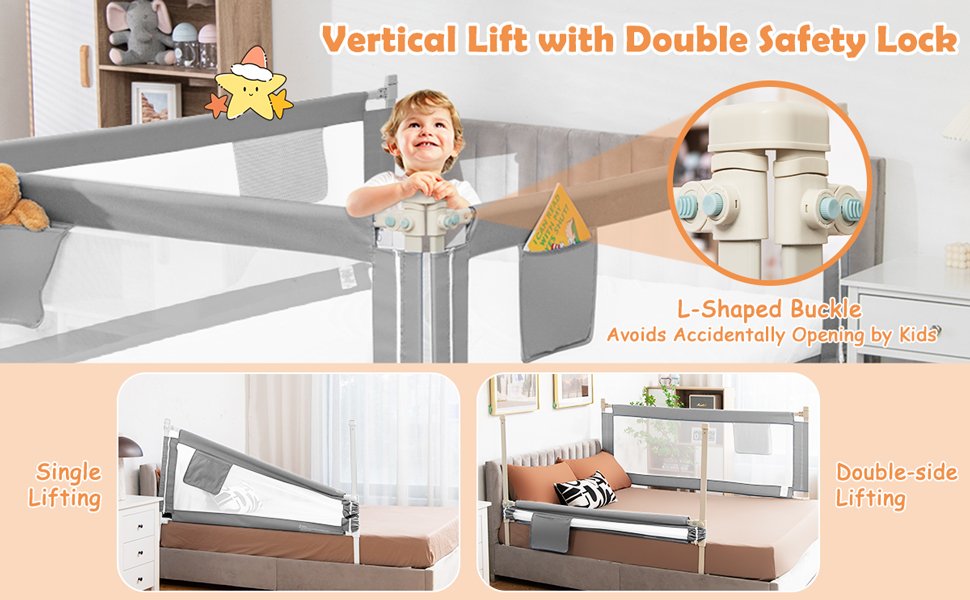 57 Inch Toddlers Vertical Lifting Baby Bed Rail Guard with Lock