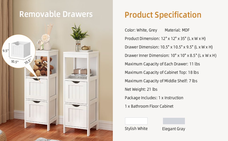 Bathroom Floor Storage Cabinet with 2 Drawers for Small Space