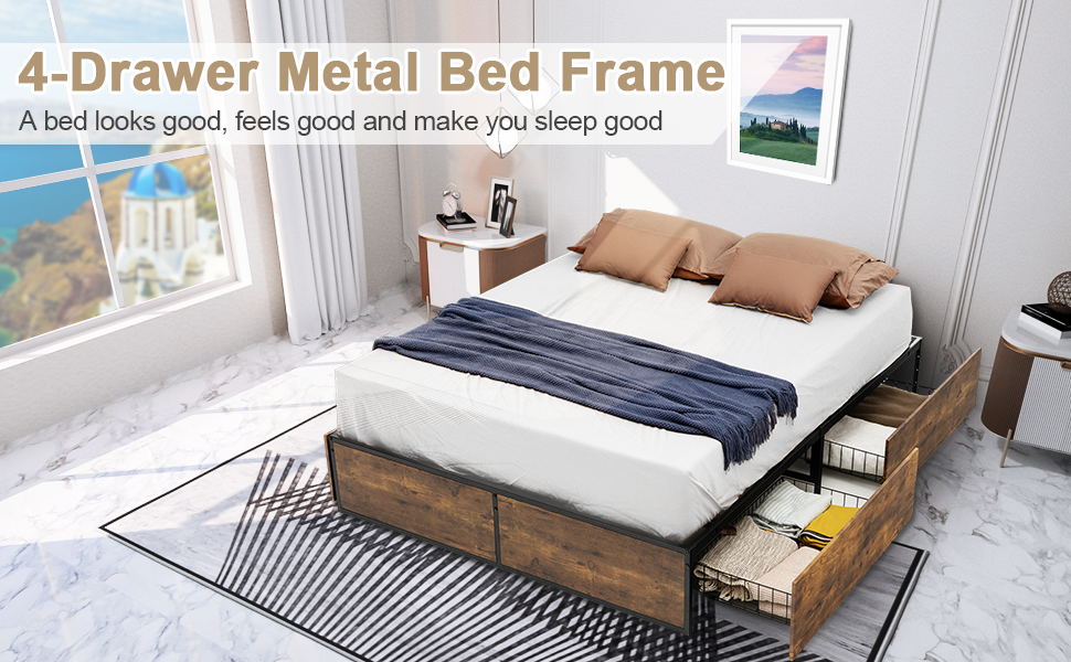 Metal Bed Frame with 4 Drawers