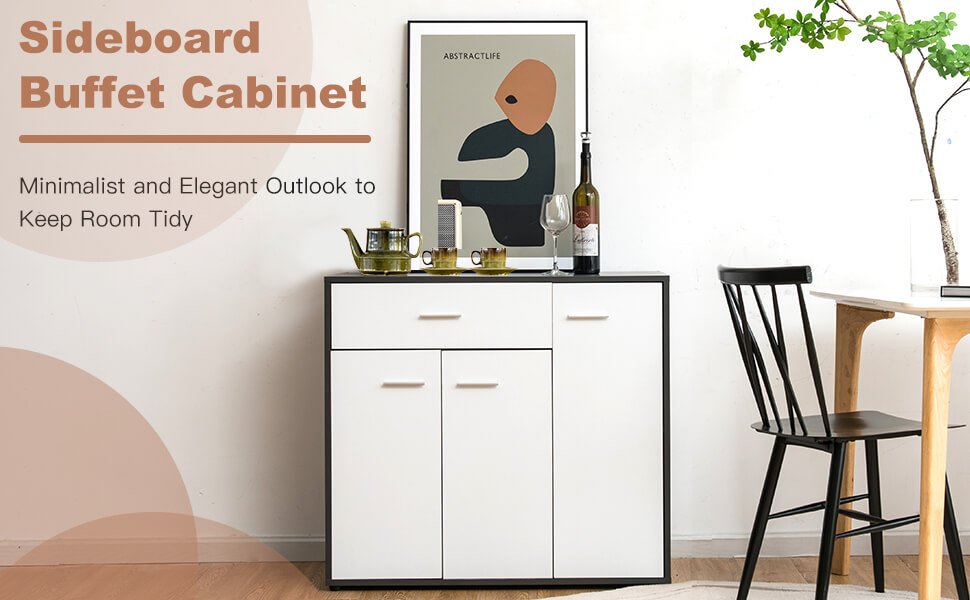 Modern Buffet Sideboard Table with Non-Toppling Device and Adjustable Shelf