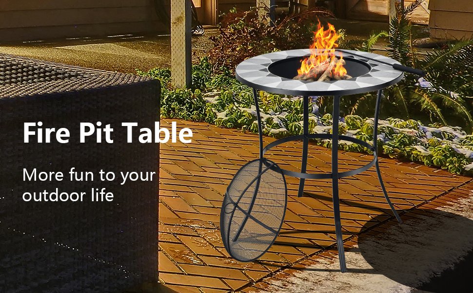 23.5 Inches Round Fire Pit Table with Mesh Cover and Fire Poker