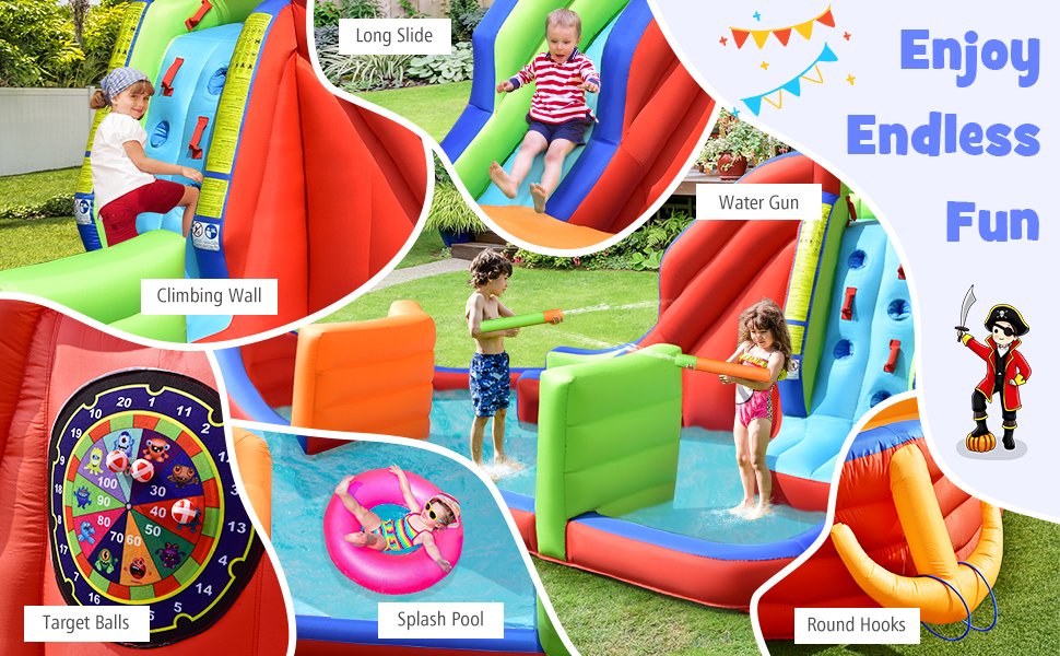 6-in-1 Kids Pirate Ship Water Slide Inflatable Bounce House with Water Guns Without Blower
