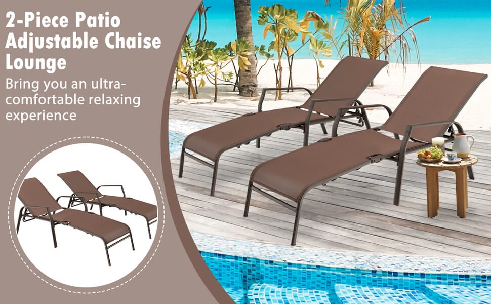 2 Pieces Patio Folding Chaise Lounge Chair Set with Adjustable Back