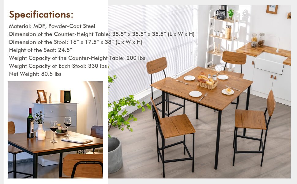 5-Piece Industrial Dining Table Set with Counter Height Table and 4 Bar Stools