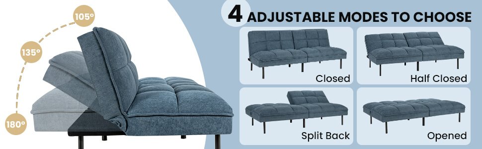 Convertible Fabric Sofa Bed with 3-Level Adjustable Backrest Angle