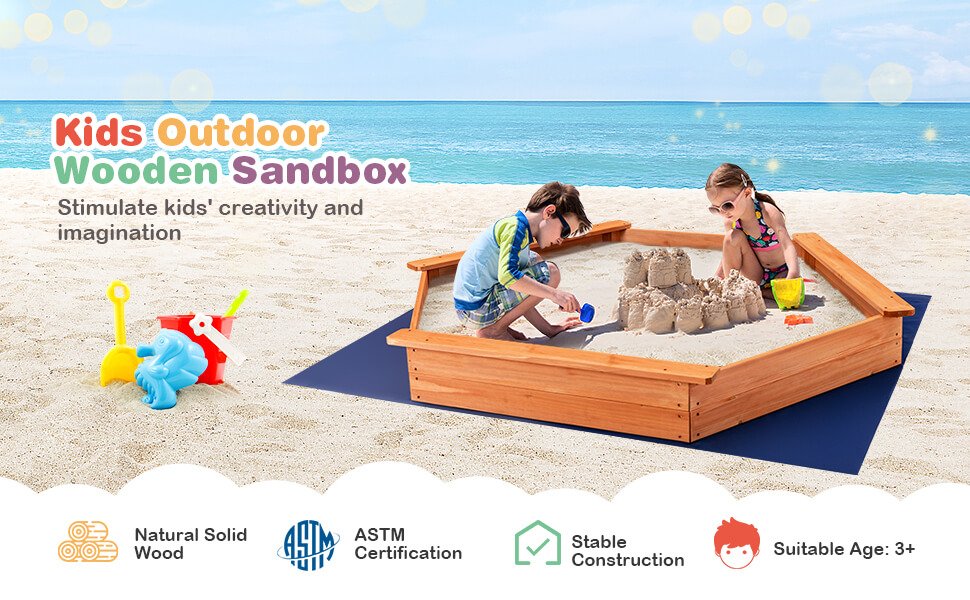 Hexagon Wooden Cedar Sand Box with Seat Boards