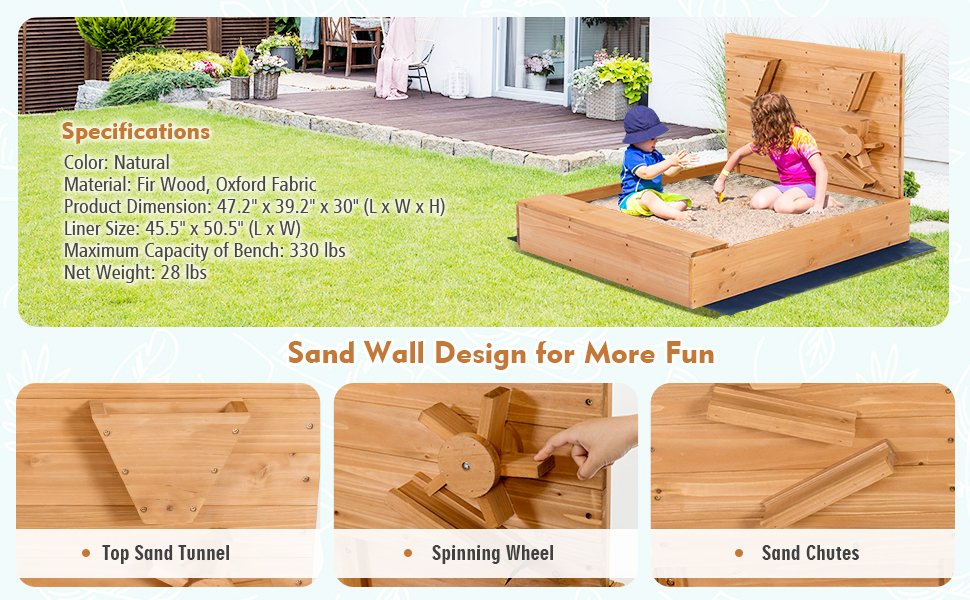 Kids Wooden Square Sandbox with Cover