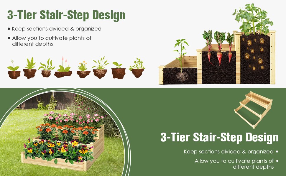 3-Tier Raised Garden Bed Wood Planter Kit for Flower Vegetable Herb