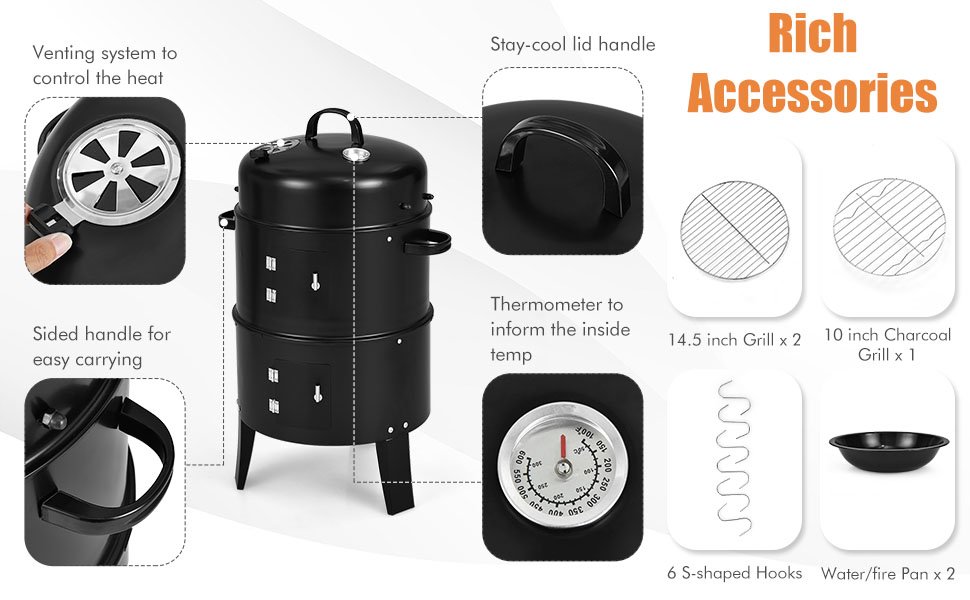 3-in-1 Charcoal BBQ Grill Cambo with Built-in Thermometer
